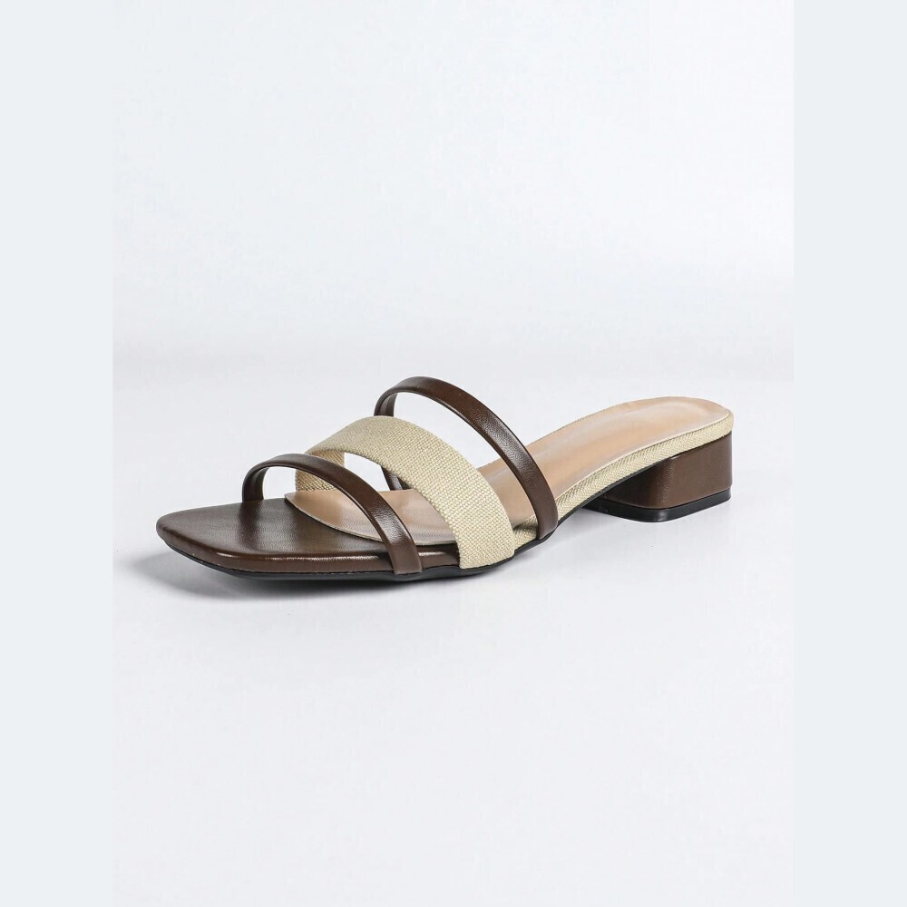 Brown Two Tone Woven Faux Leather Strap Block Heel Slide Sandals